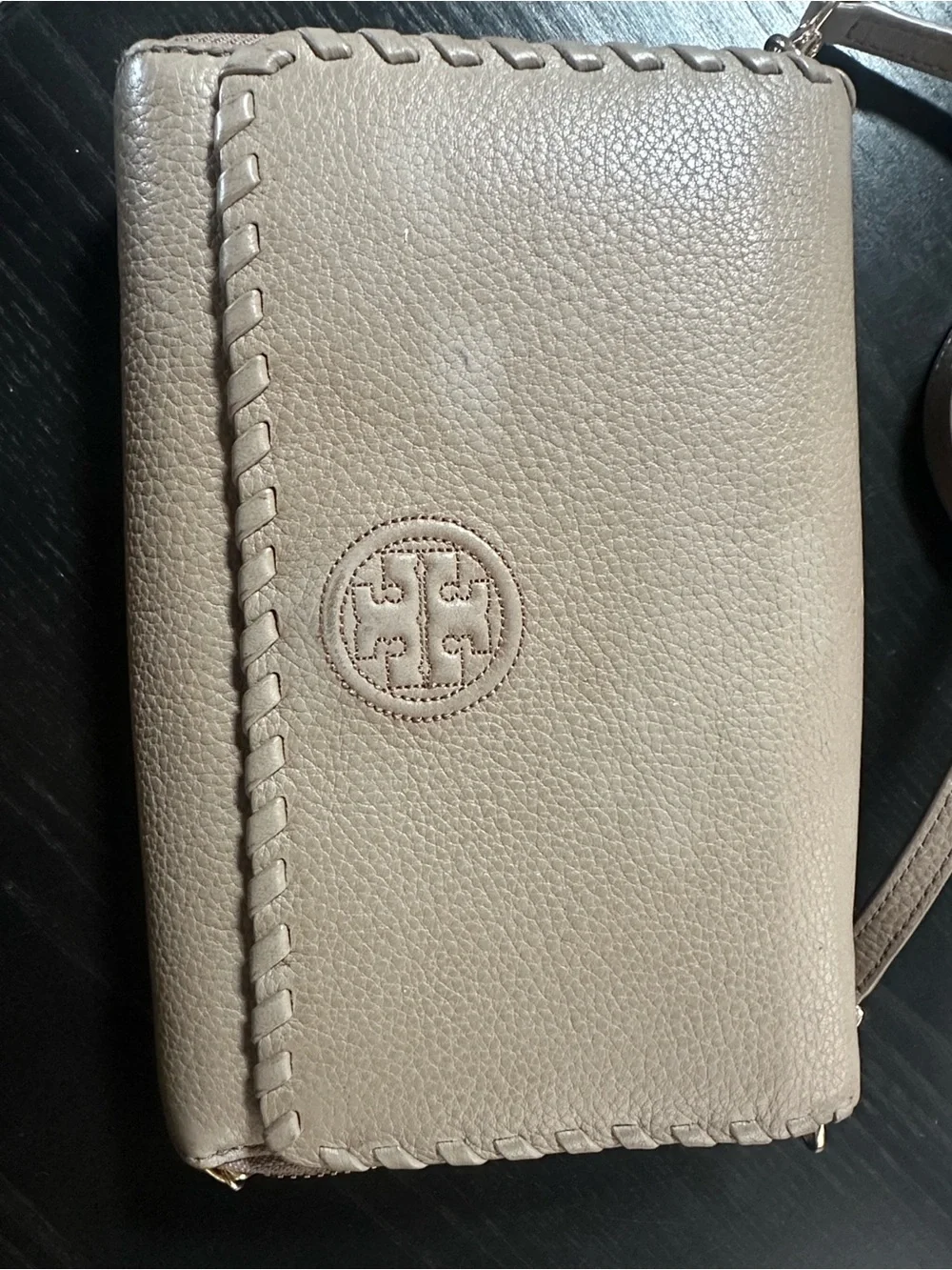 Tory Burch Taupe Leather Crossbody with Whipstitch Detail